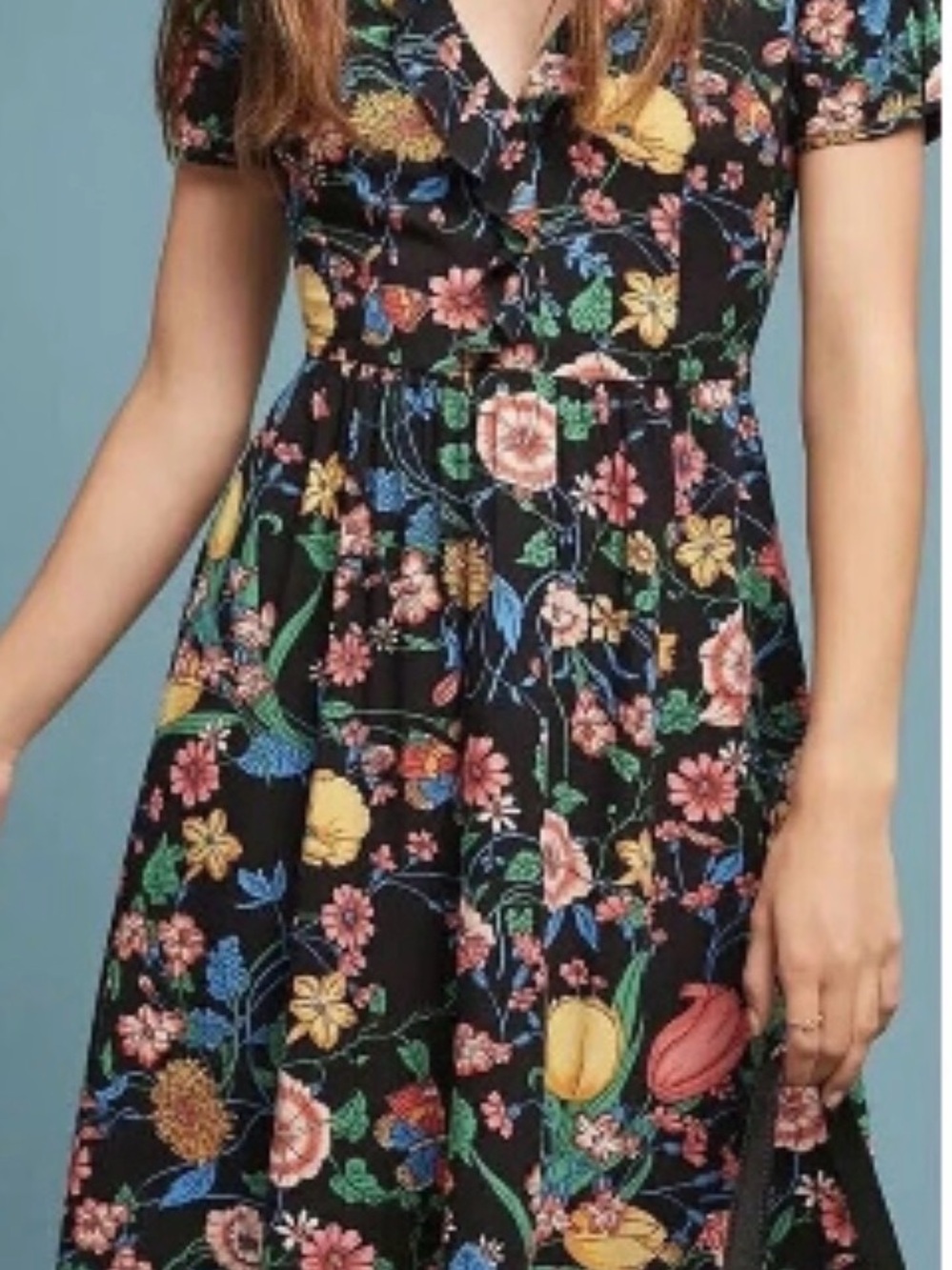 Maeve Black Floral Midi Dress with Multicolor Print